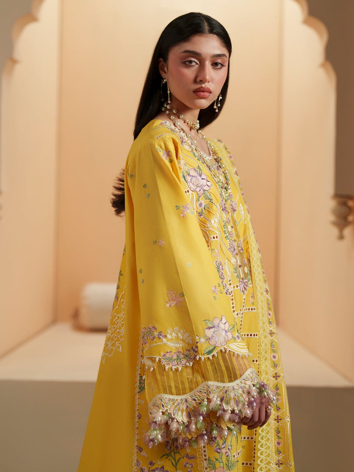 Yellow Binilyas Mashriq luxury Lawn Embroidered Stitched 3-Piece Suit-D-111-A