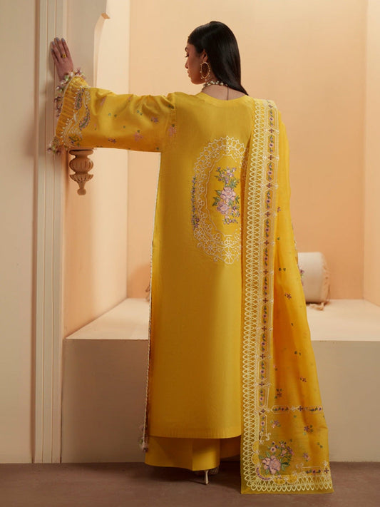 Yellow Binilyas Mashriq luxury Lawn Embroidered Stitched 3-Piece Suit-D-111-A