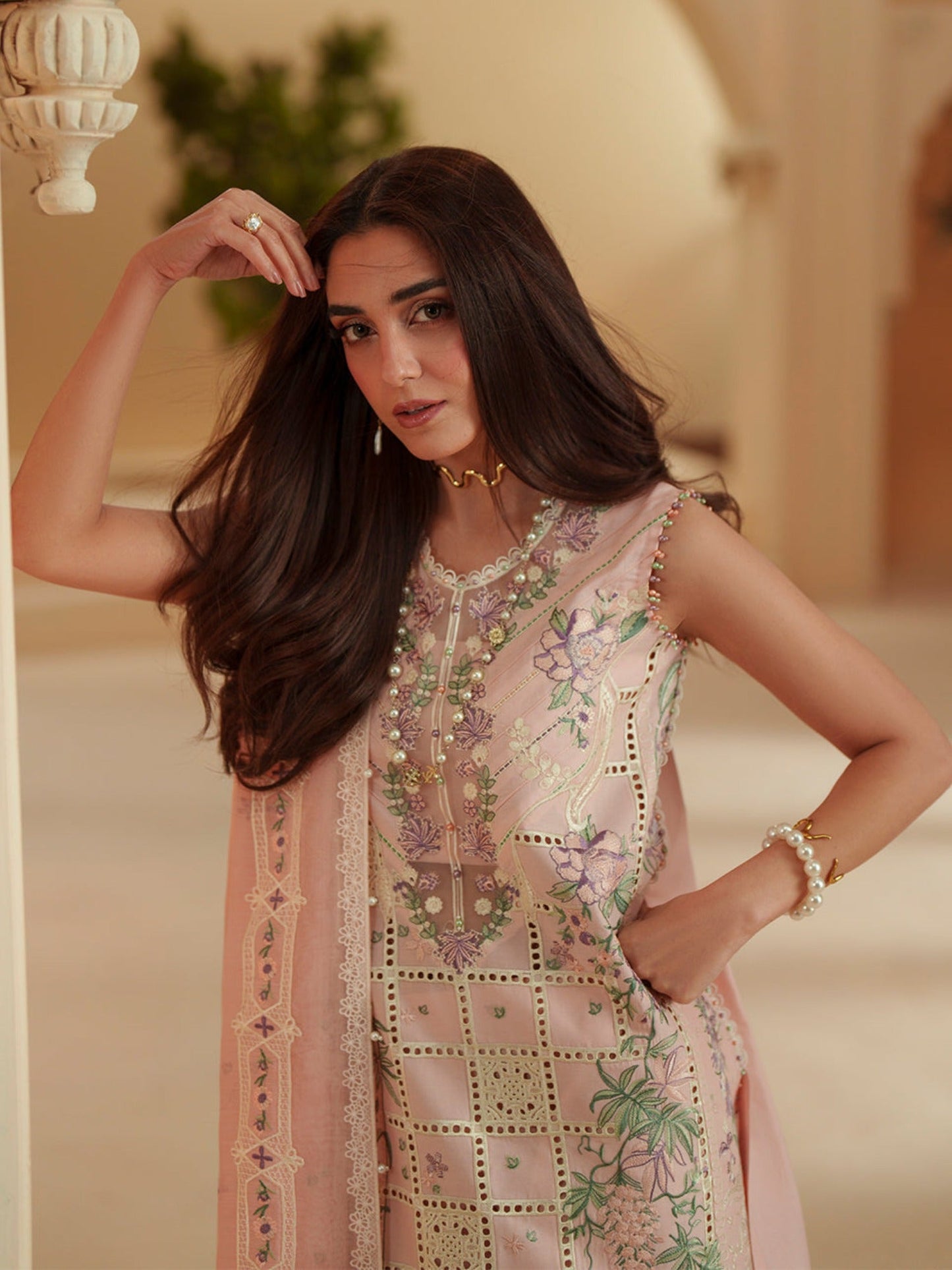 Pink Binilyas Mashriq luxury Lawn Embroidered Stitched 3-Piece Suit-D-111-B