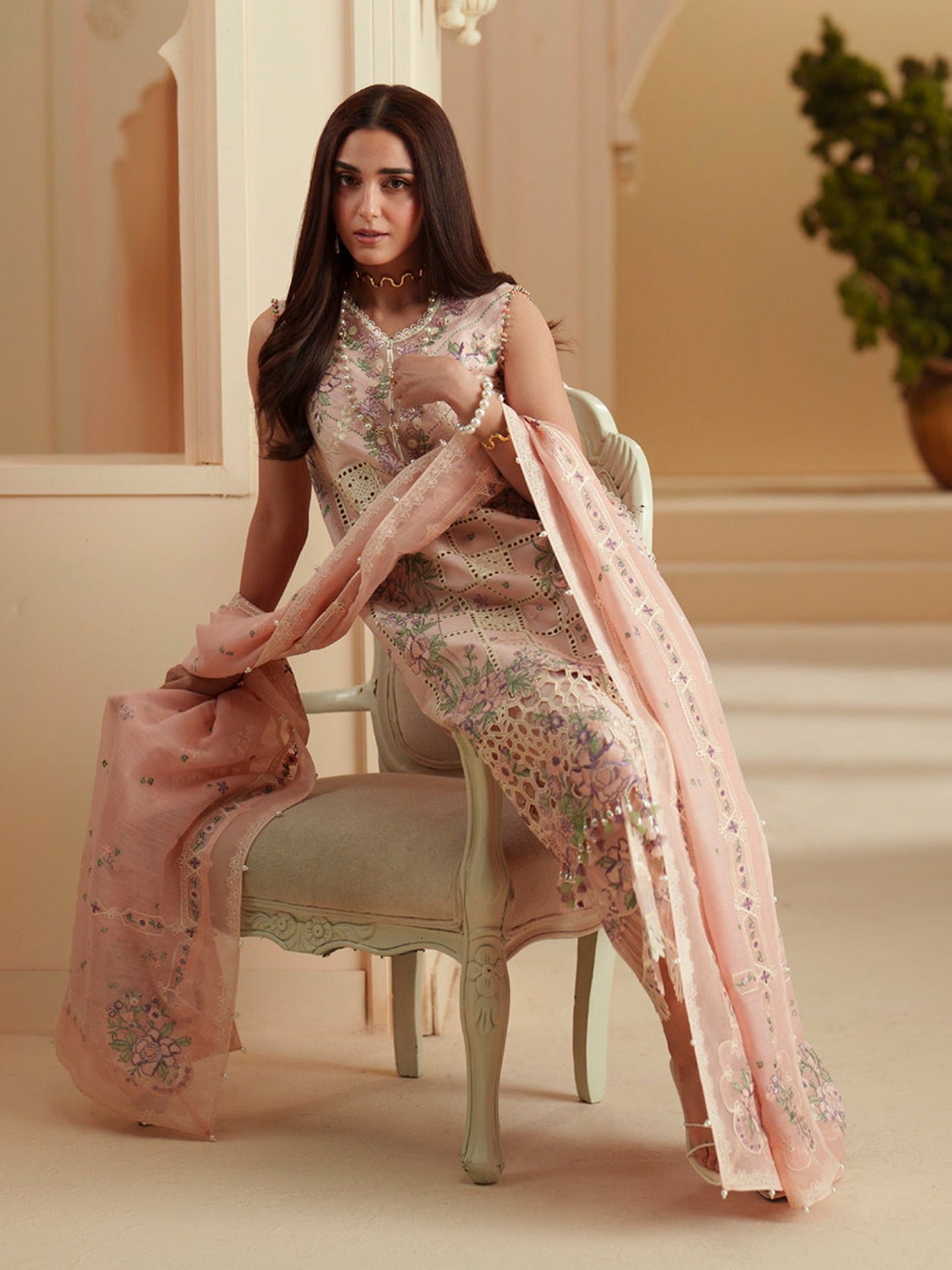 Pink Binilyas Mashriq luxury Lawn Embroidered Stitched 3-Piece Suit-D-111-B