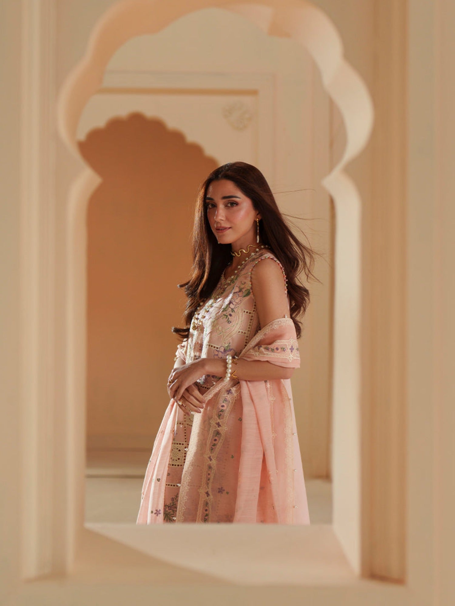 Pink Binilyas Mashriq luxury Lawn Embroidered Stitched 3-Piece Suit-D-111-B