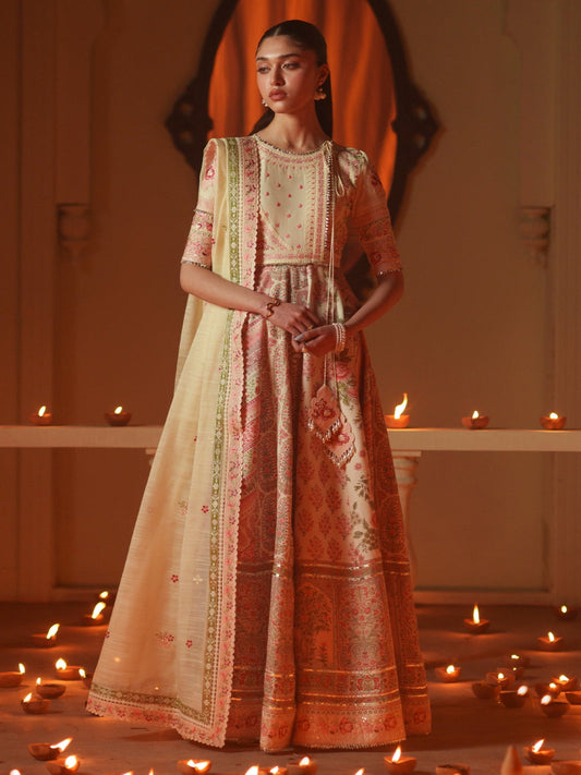 Peach Binilyas Mashriq luxury Lawn Embroidered Stitched 3-Piece Suit-D-115-A