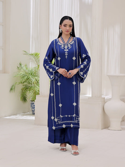 Blue-Ruby's Couture Noor-e-Zar Shesha Silk Embellished Stitched 3-Piece Suit-Mehwar