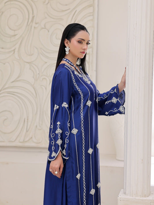 Blue-Ruby's Couture Noor-e-Zar Shesha Silk Embellished Stitched 3-Piece Suit-Mehwar