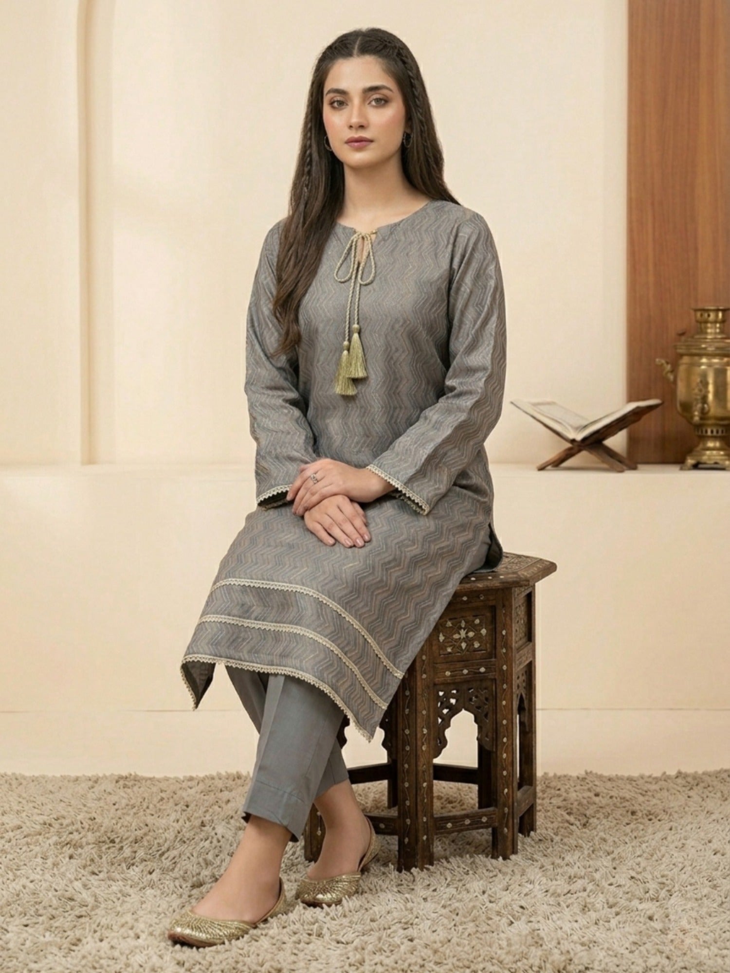 Grey-Bin Shaukat Lawn Brosha Printed Stitched 2-Piece Suit