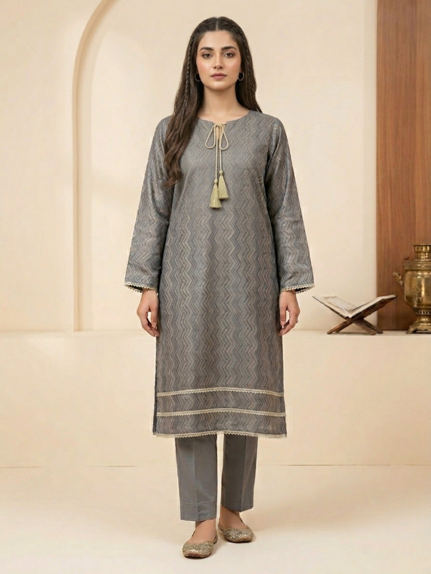 Grey-Bin Shaukat Lawn Brosha Printed Stitched 2-Piece Suit