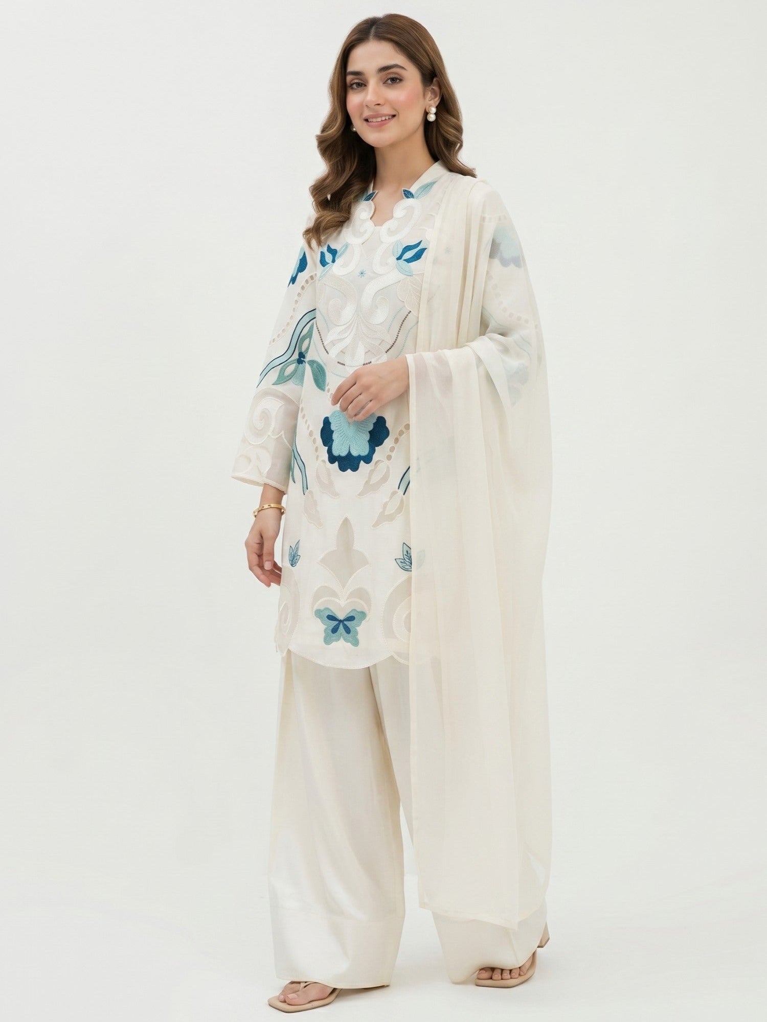 White-Duas Boutique Lawn Embroidered Stitched 3-Piece Suit-Chandni