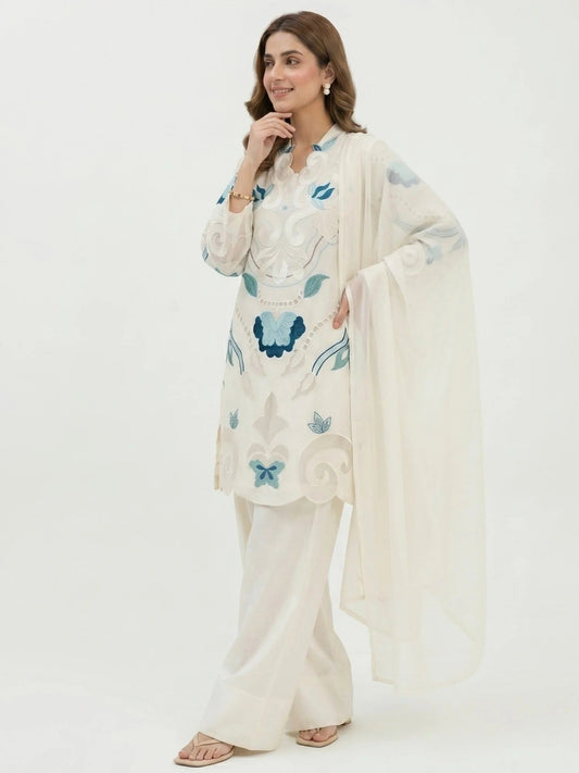 White-Duas Boutique Lawn Embroidered Stitched 3-Piece Suit-Chandni