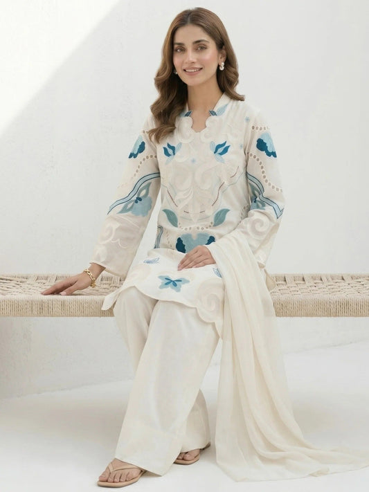 White-Duas Boutique Lawn Embroidered Stitched 3-Piece Suit-Chandni