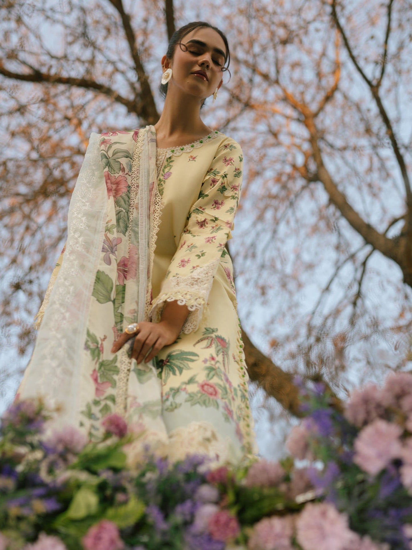 Cream Parishay Ivy Bloom Printkari Lawn Embroidered Unstitched 3-Piece Suit-IVY-06