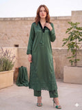 Savarna Raw Silk Embroidered Stitched 3-Piece Suit Green