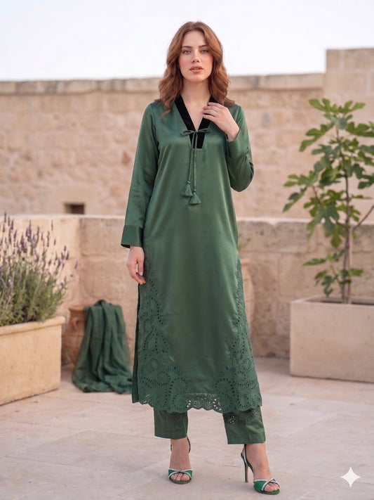 Savarna Raw Silk Embroidered Stitched 3-Piece Suit Green