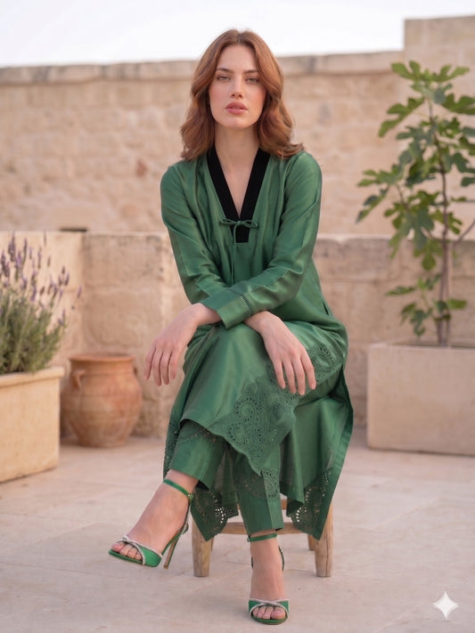 Savarna Raw Silk Embroidered Stitched 3-Piece Suit Green