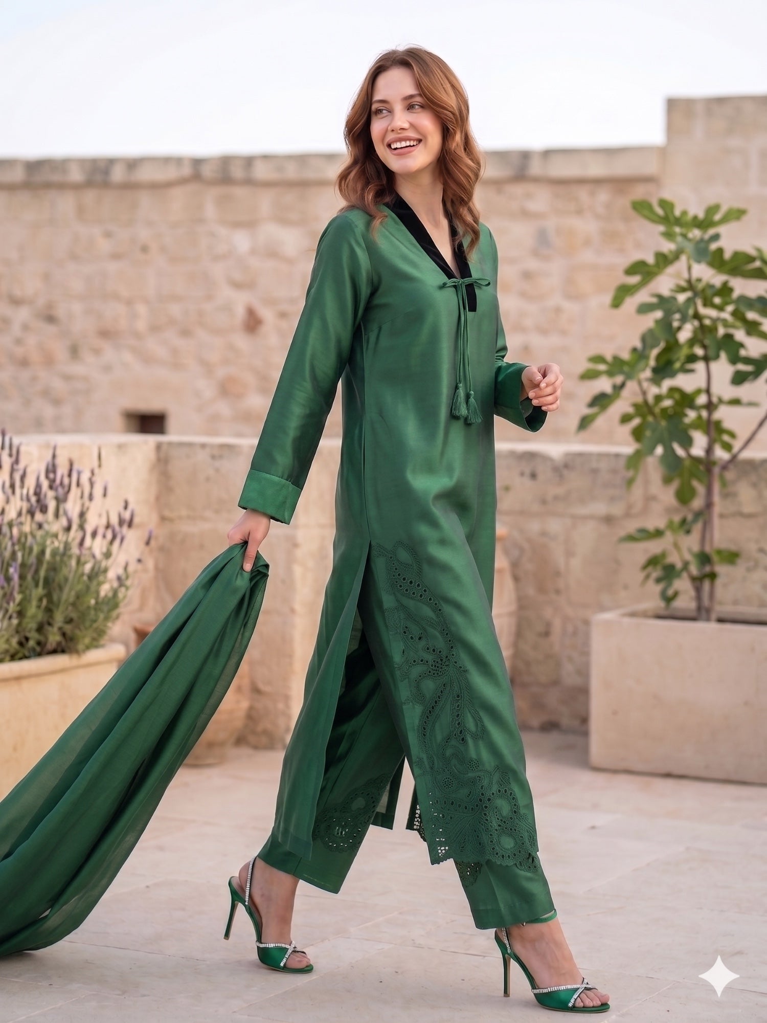 Savarna Raw Silk Embroidered Stitched 3-Piece Suit Green