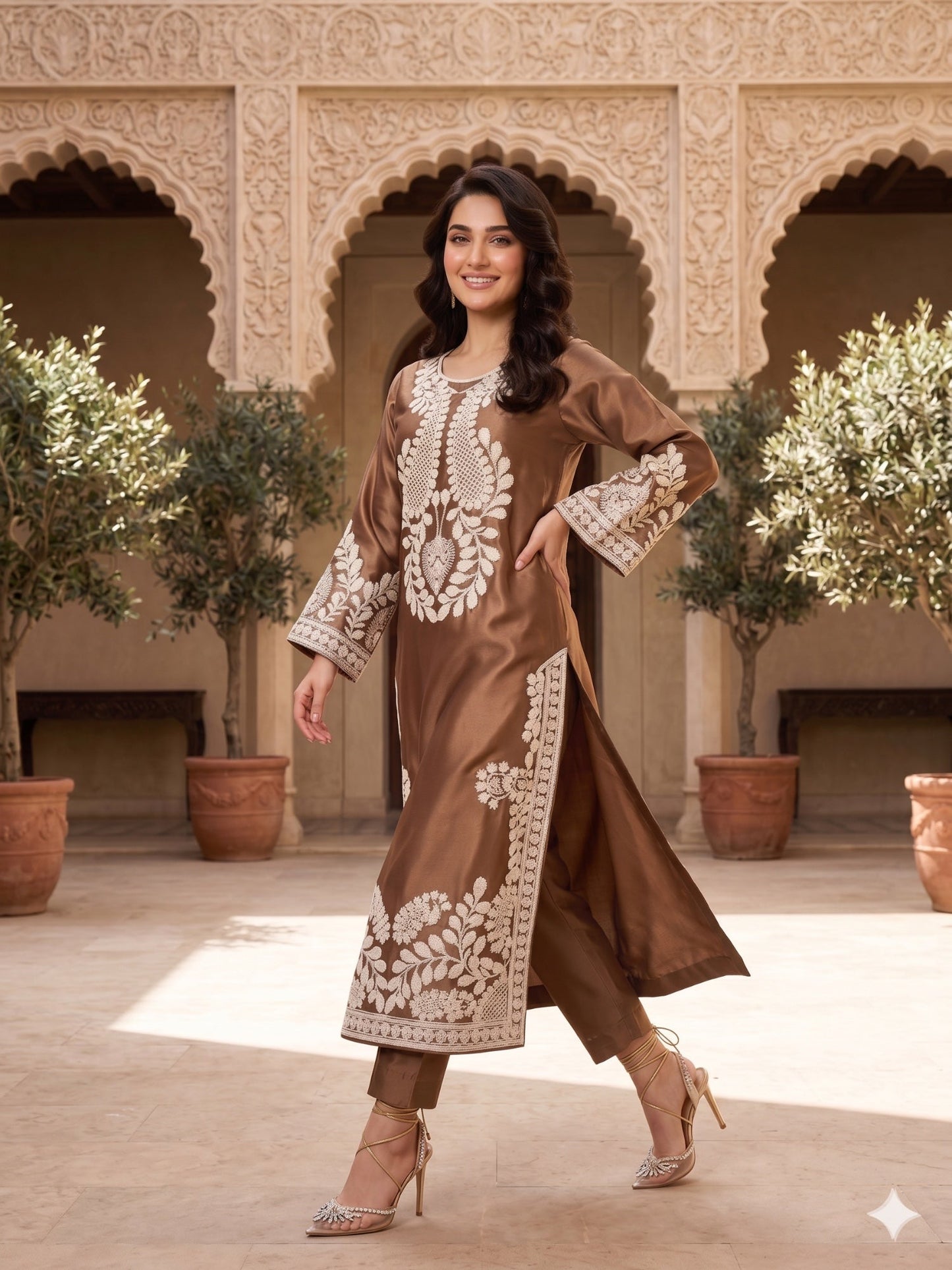 Savarna Silk Embroidered Stitched 2-Piece Suit Bronze