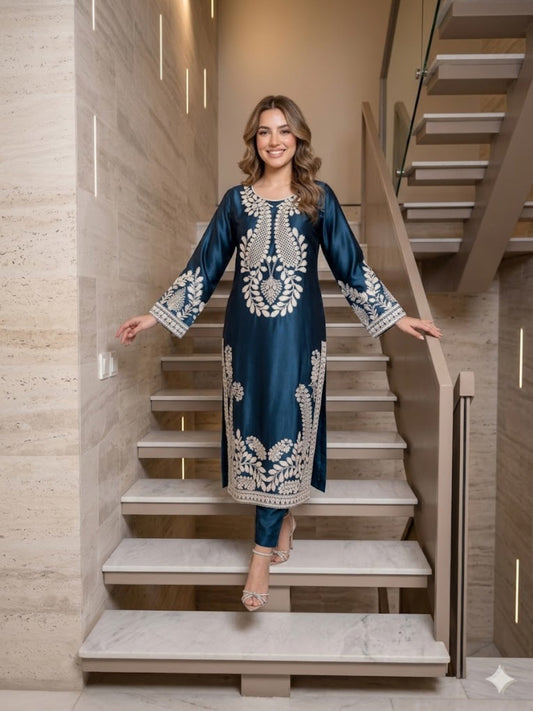 Savarna Silk Embroidered Stitched 2-Piece Suit-Teal