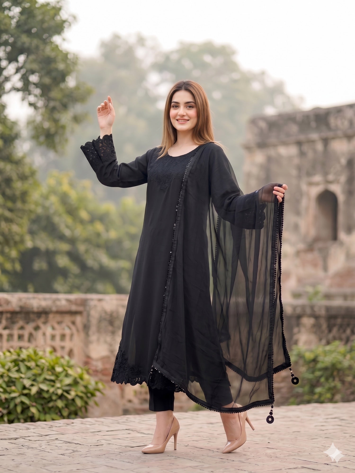 Savarna Grip Embroidered Stitched 3-Piece Suit-Black