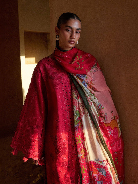 Red Hussain Rehar Zan SS'26 Lawn Embroidered Unstitched 3-Piece Suit-Qermez