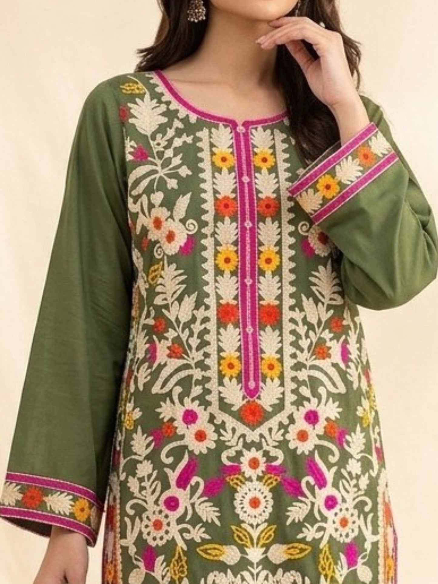 Green-Tawakal Closet linen Embroidered Stitched 3-Piece Suit-Meadow Grace