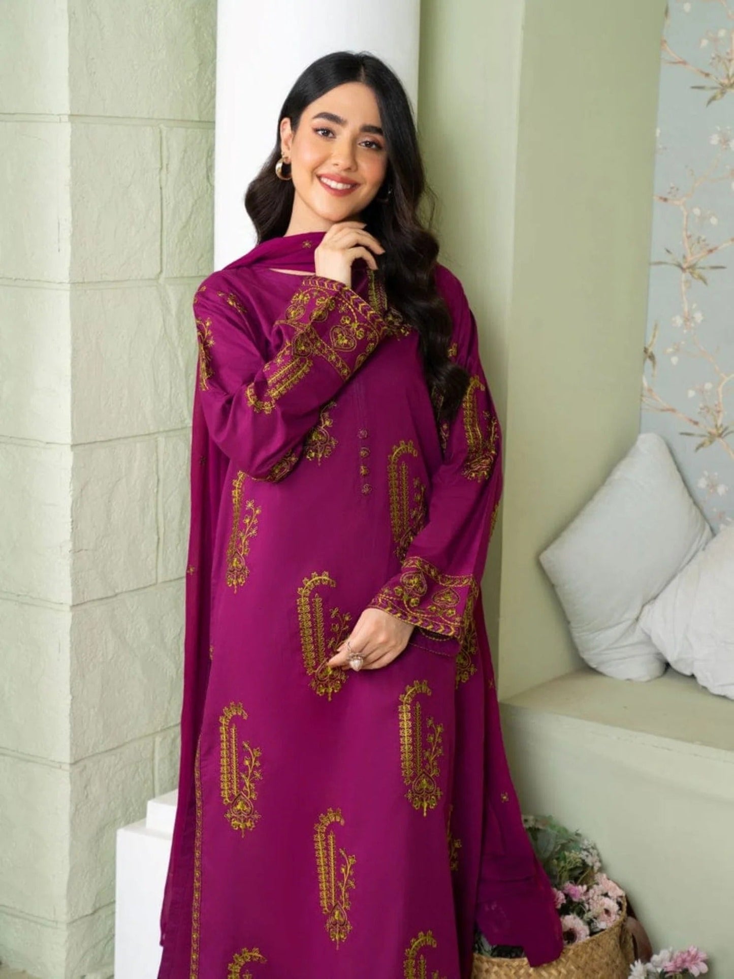 Red-Ayat Closet Linen Embroidered Stitched 2-Piece Suit-Amber