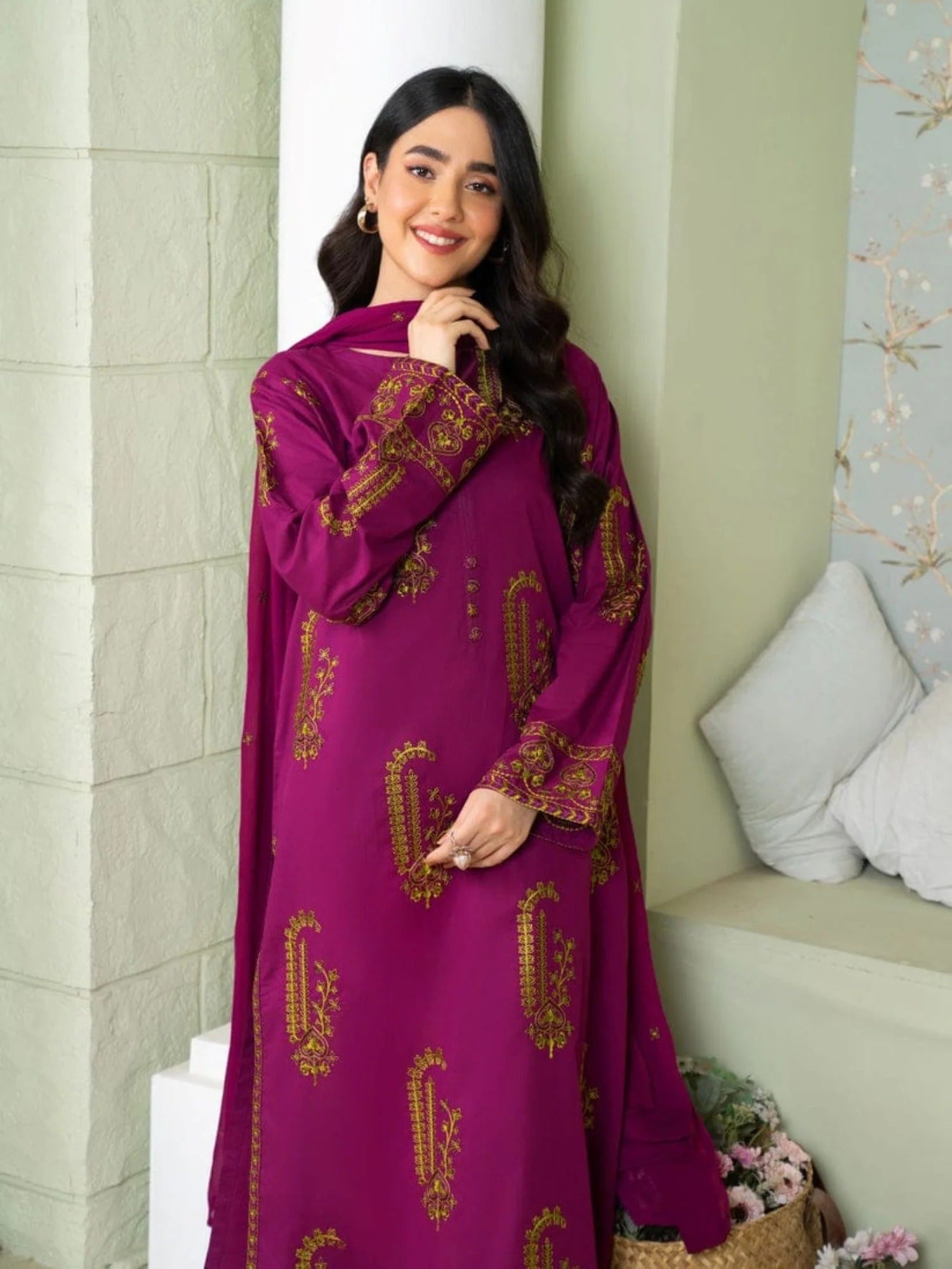 Red-Ayat Closet Linen Embroidered Stitched 2-Piece Suit-Amber