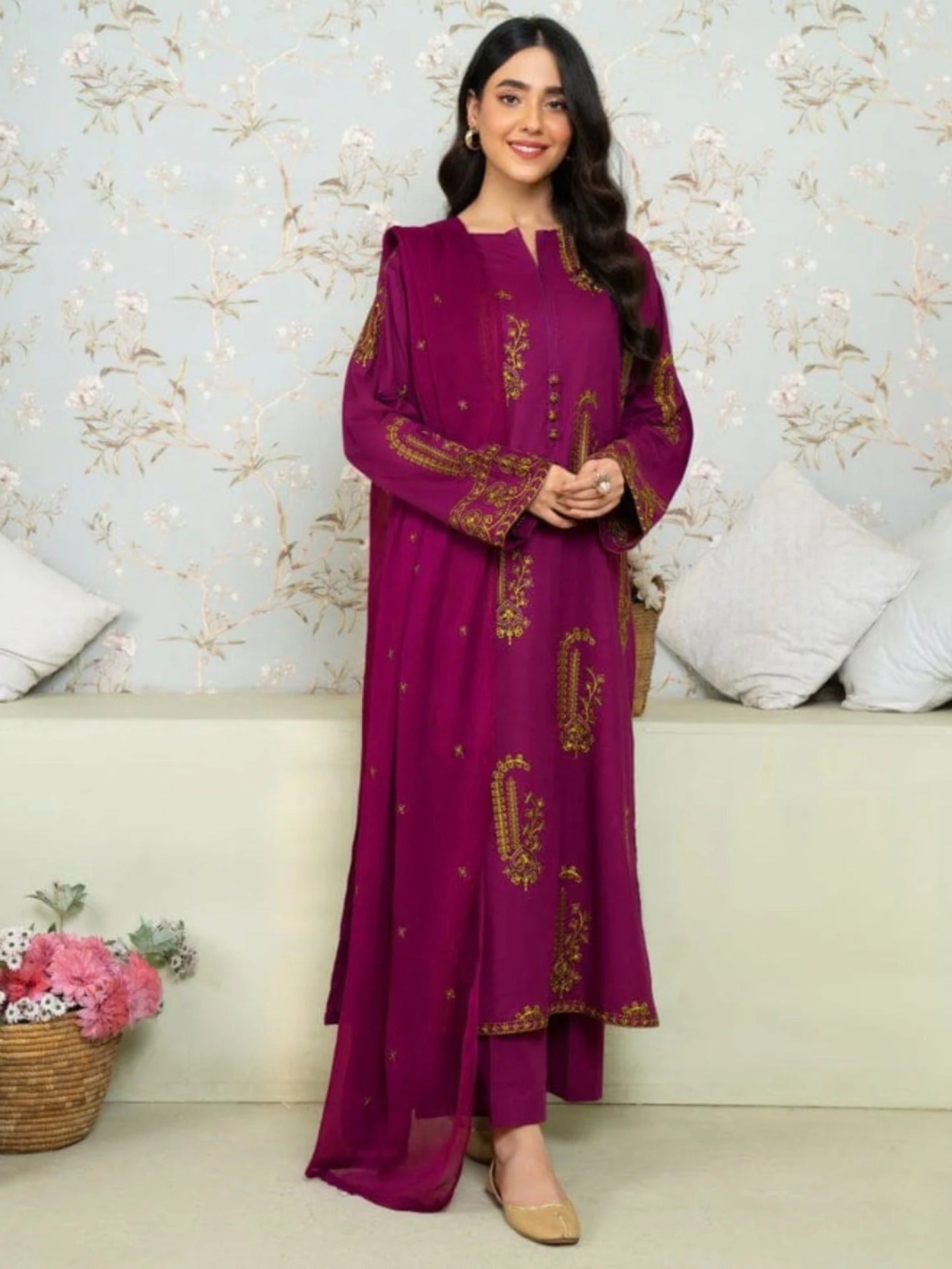Red-Ayat Closet Linen Embroidered Stitched 2-Piece Suit-Amber