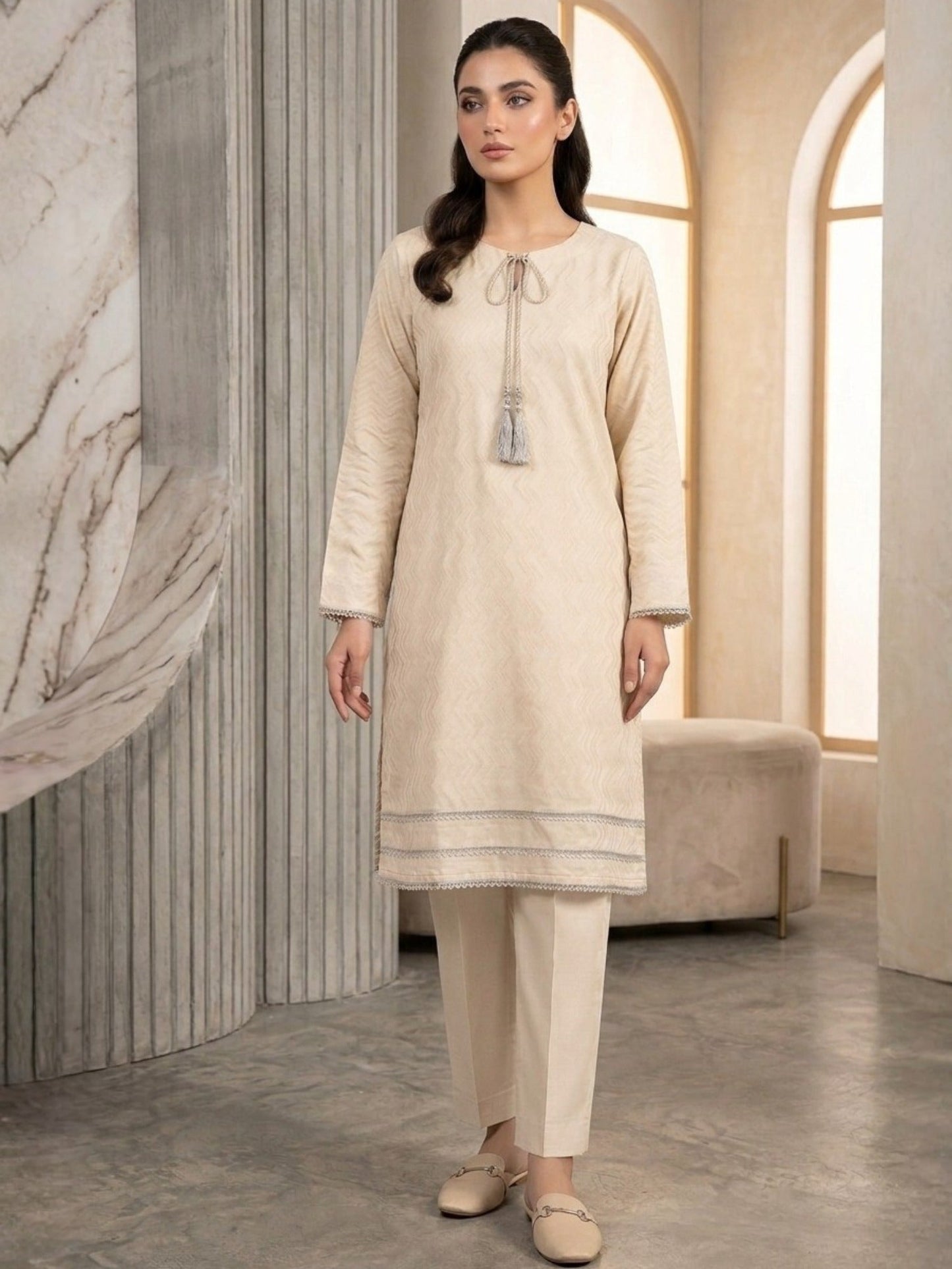 Cream-Bin Shaukat Lawn Brosha Printed Stitched 2-Piece Suit