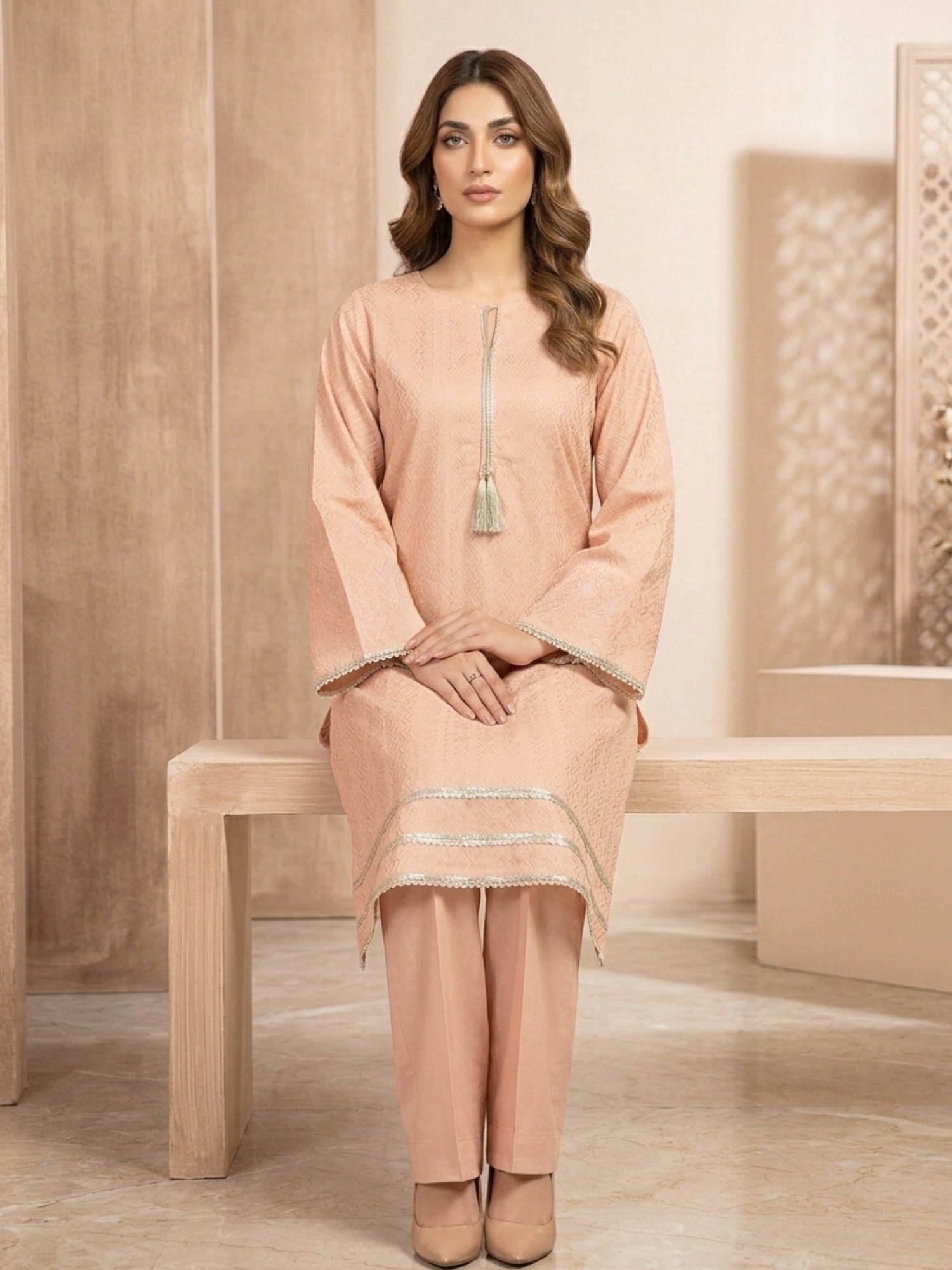 Peach-Bin Shaukat Lawn Brosha Printed Stitched 2-Piece Suit