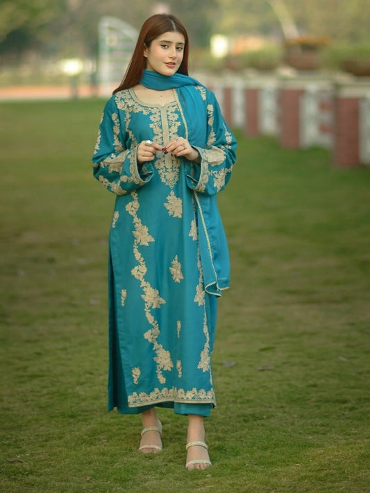Blue-Zeephire Linen Embroidered Stitched 3 Piece Suit-Kawiya