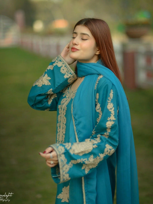 Blue-Zeephire Linen Embroidered Stitched 3 Piece Suit-Kawiya