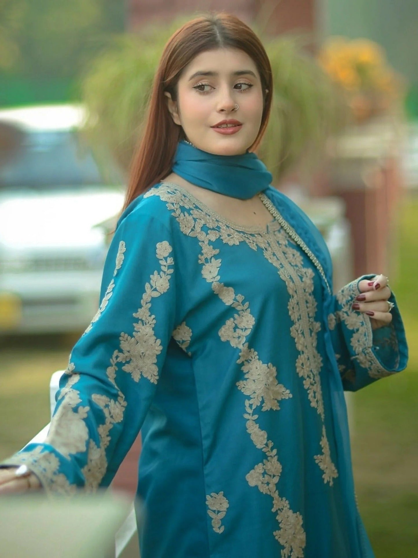 Blue-Zeephire Linen Embroidered Stitched 3 Piece Suit-Kawiya