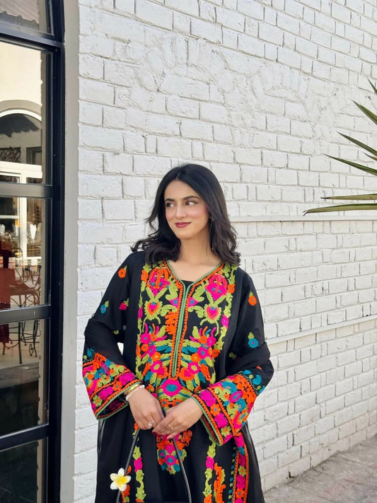 Black-Zeephire Linen Embroidered Stitched 3-Piece Suit-Unaizy B  
