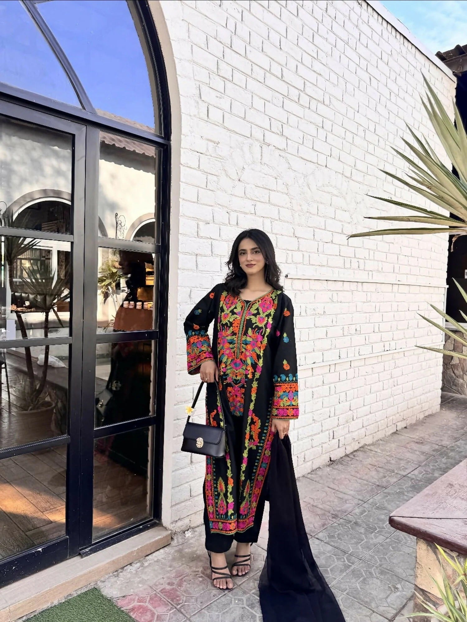 Black-Zeephire Linen Embroidered Stitched 3-Piece Suit-Unaizy B  