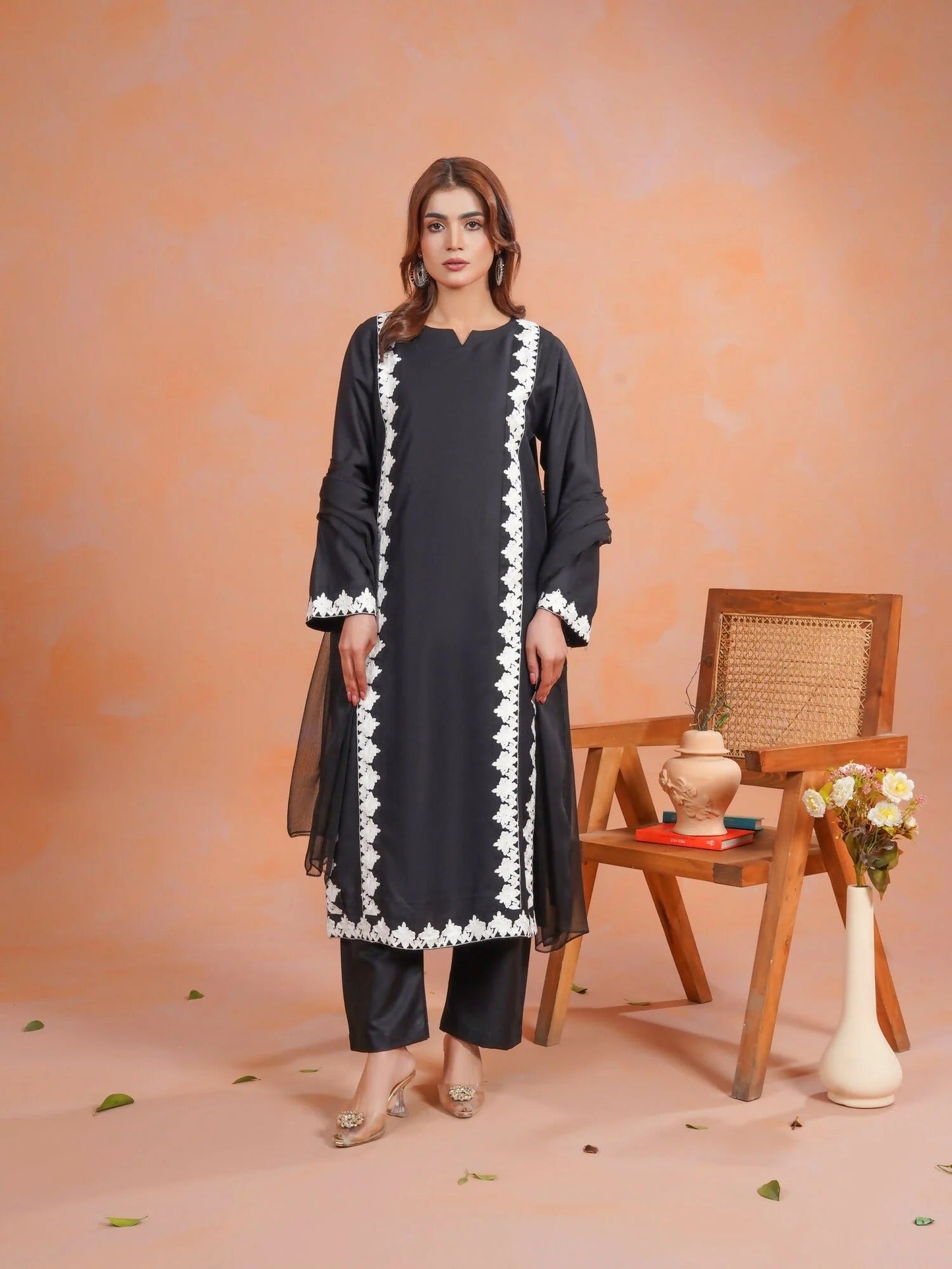 Black-Zeephire Linen Embroidered Stitched 3-Piece Suit-Fiza        