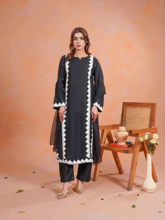 Black-Zeephire Linen Embroidered Stitched 3-Piece Suit-Fiza        