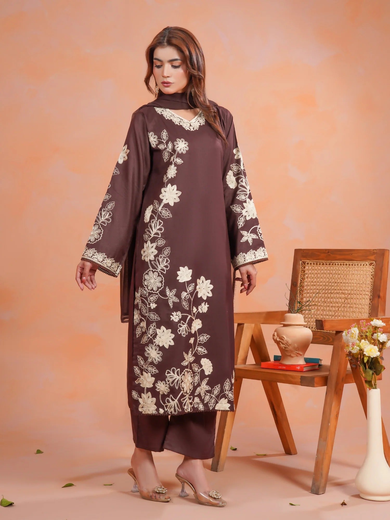 Brown-Zeephire Linen Embroidered Stitched 3-Piece Suit-Malhoon M        