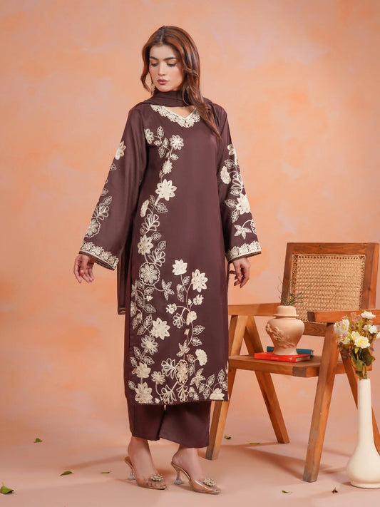 Brown-Zeephire Linen Embroidered Stitched 3-Piece Suit-Malhoon M        
