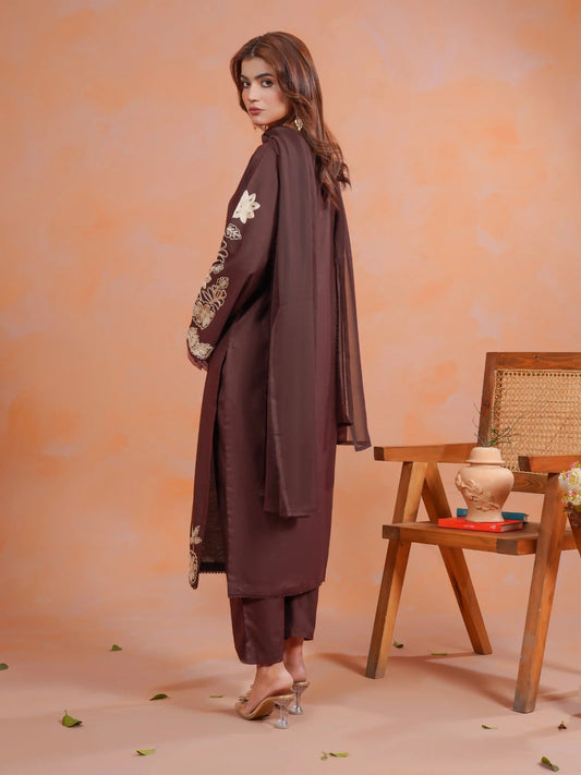 Brown-Zeephire Linen Embroidered Stitched 3-Piece Suit-Malhoon M