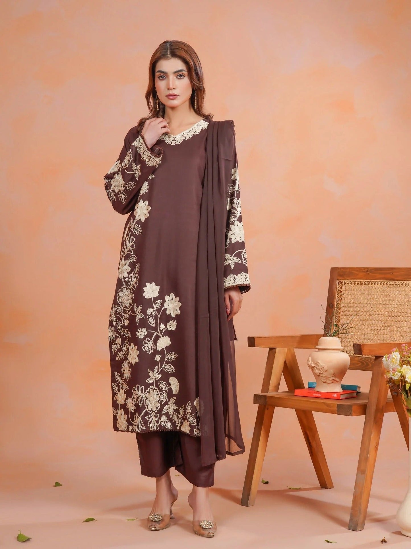 Brown-Zeephire Linen Embroidered Stitched 3-Piece Suit-Malhoon M        
