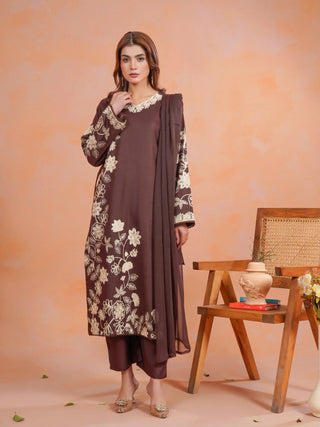 Brown Zeephire Linen Embroidered Stitched 3 Piece Suit Malhoon M