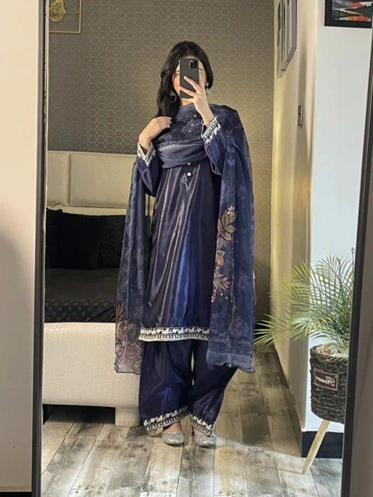 Blue-Ayat Closet Silk Embroidered Stitched 3-Piece Suit-Blue Berry