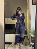 Blue-Ayat Closet Silk Embroidered Stitched 3-Piece Suit-Blue Berry