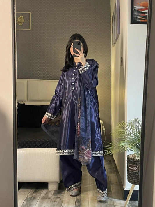 Blue-Ayat Closet Silk Embroidered Stitched 3-Piece Suit-Blue Berry
