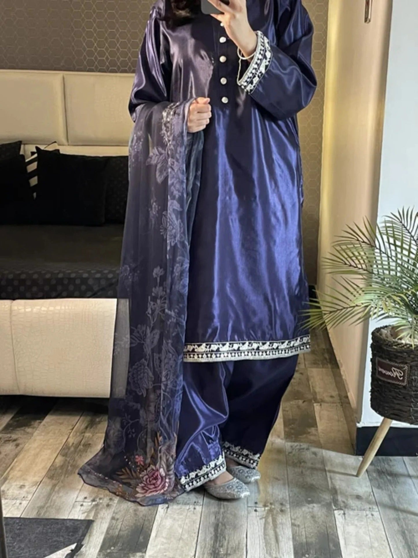 Blue-Ayat Closet Silk Embroidered Stitched 3-Piece Suit-Blue Berry