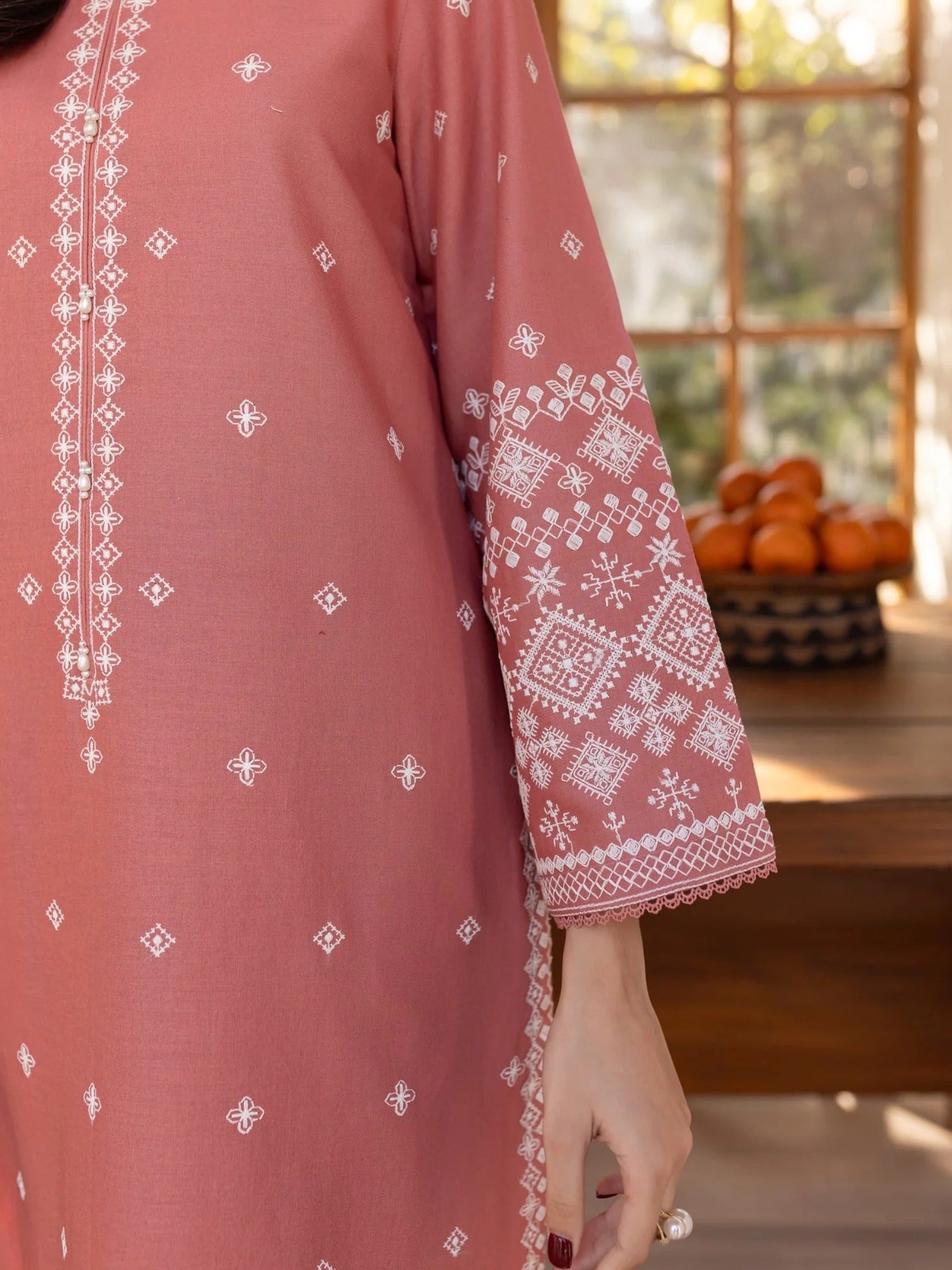 Pink-Ayat Closet Linen Embroidered Stitched 2-Piece Suit-Desert Rose