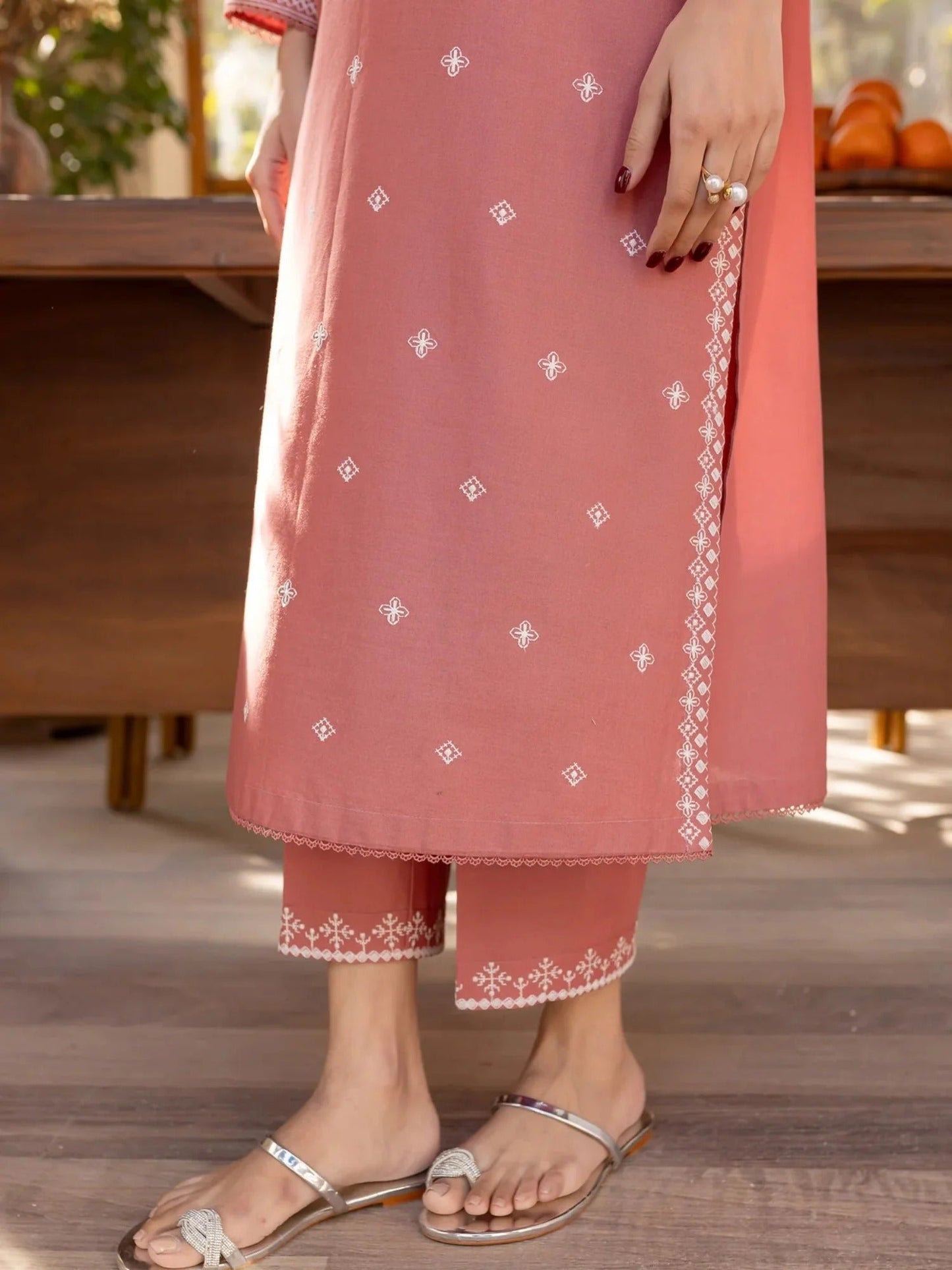 Pink-Ayat Closet Linen Embroidered Stitched 2-Piece Suit-Desert Rose