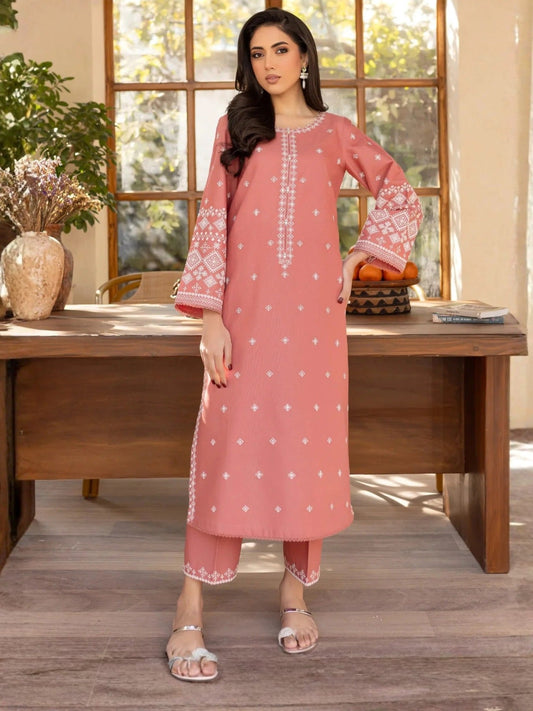 Pink-Ayat Closet Linen Embroidered Stitched 2-Piece Suit-Desert Rose