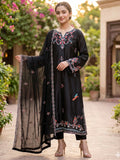 Savarna Silk Embroidered Stitched 3-Piece Suit Black