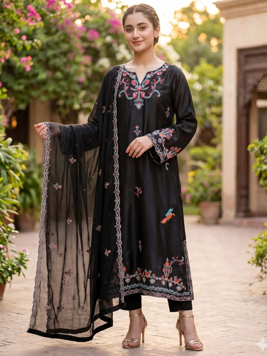 Savarna Silk Embroidered Stitched 3-Piece Suit Black