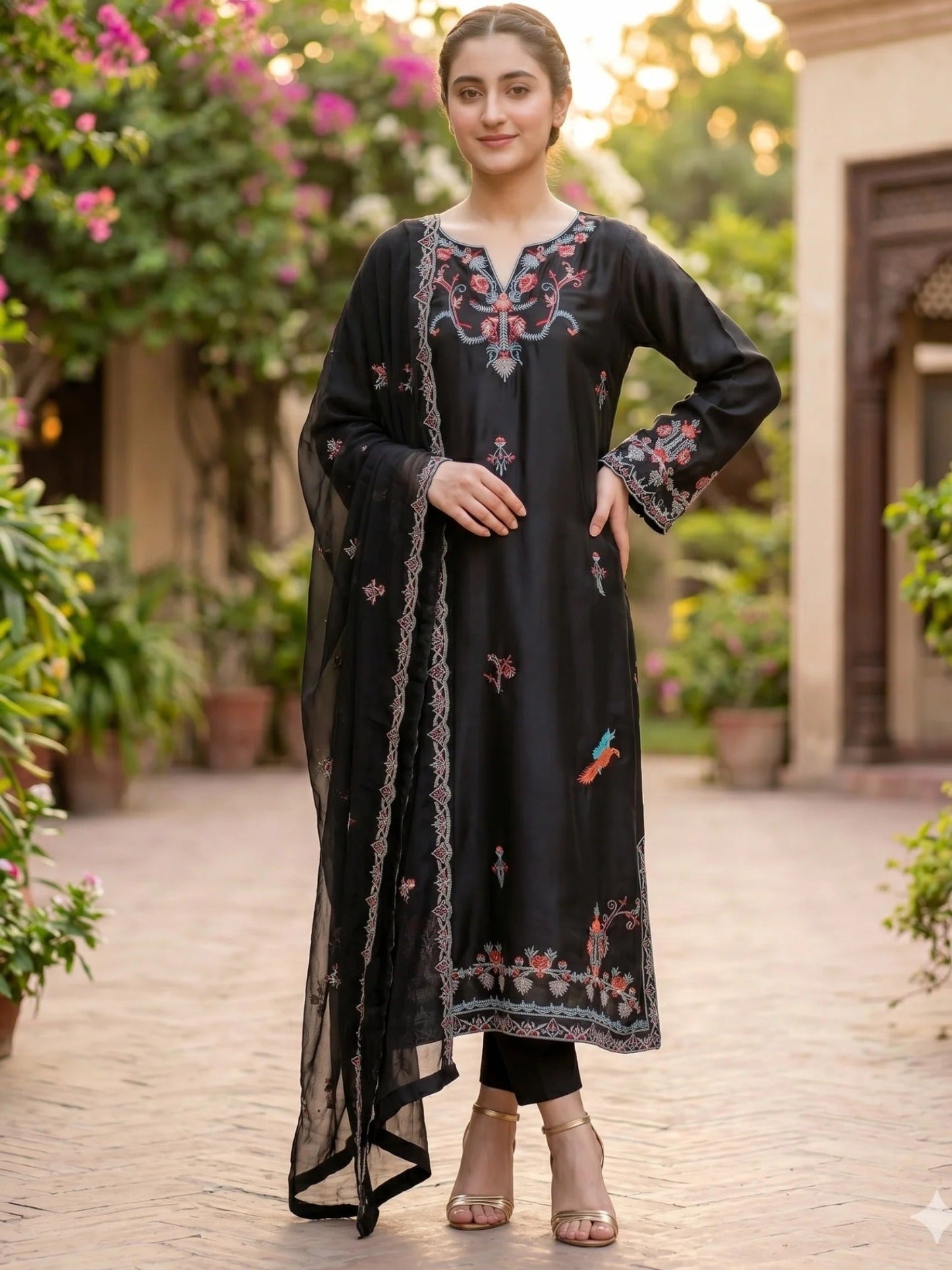 Savarna Silk Embroidered Stitched 3-Piece Suit Black